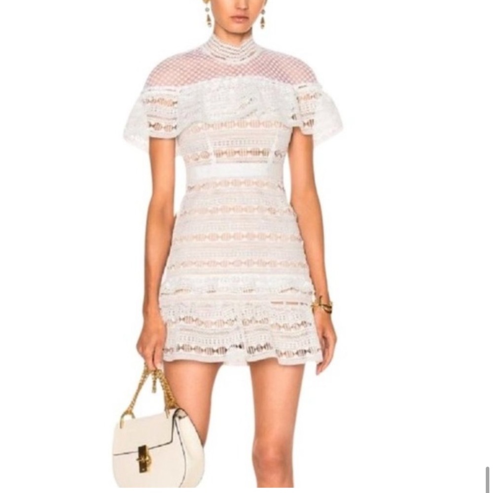 Self-Portrait Yoke Ruffled Mini Dress White Lace Frill Dress Size 2